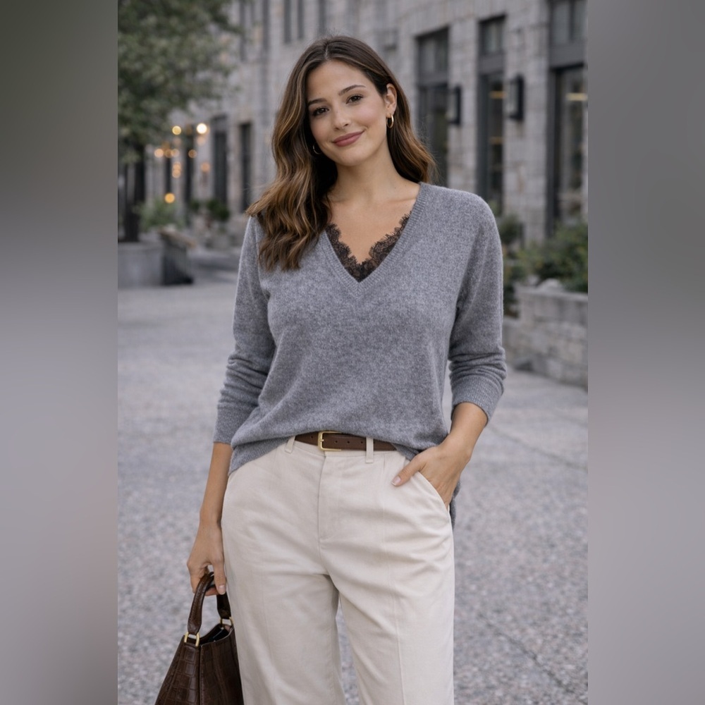 Bloomingdale’s 100% Cashmere Gray V-Neck Lace Trim Sweater Xl Nwt